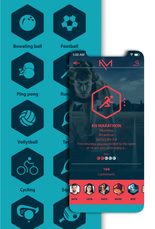 App design with full set of icon design for Active Mode, a sport social media platform